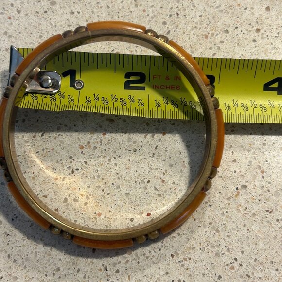 Vintage Brass & Amber-Colored Acrylic Bangle Bracelet 8 Inch Boheium - Picture 8 of 8